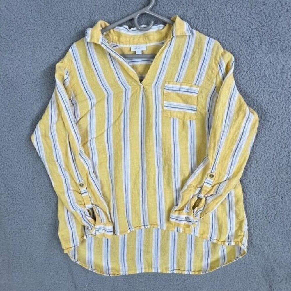 J JILL WOMENS LINEN BLOUSE YELLOW WITH BLUE WHITE STRIPES SIZE L - Picture 10 of 10